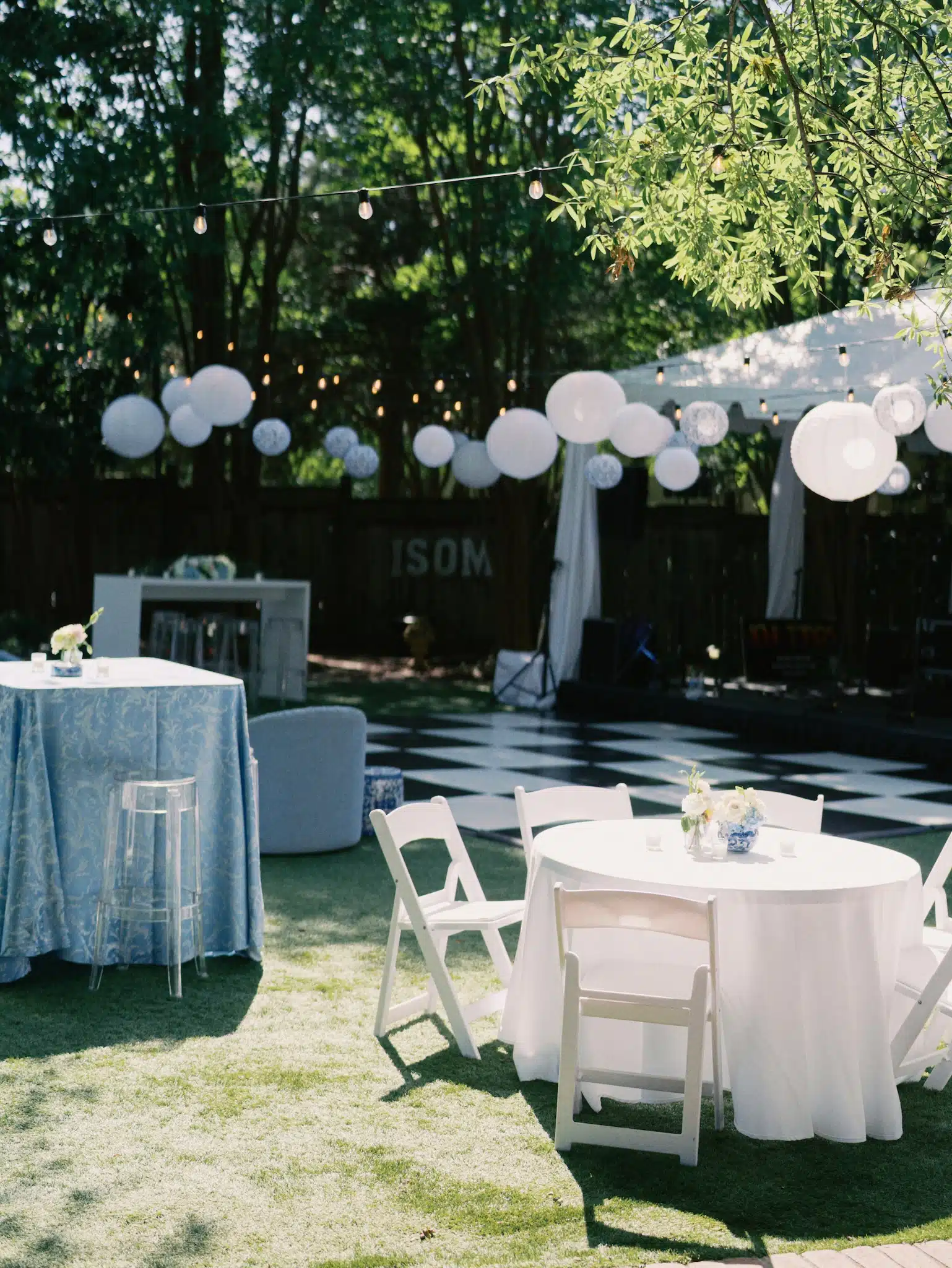 Outdoor wedding setup with decorations.