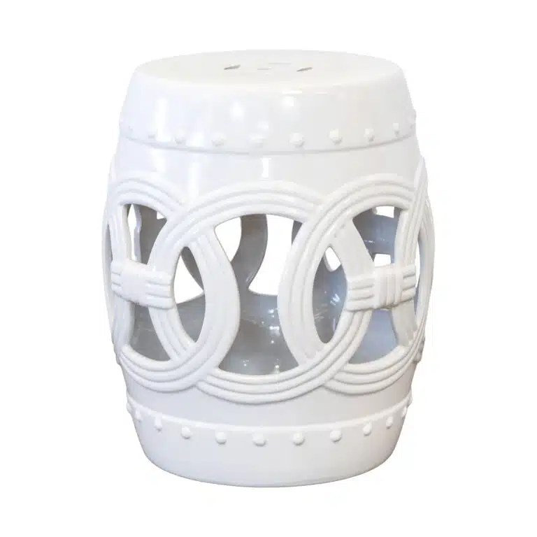White ceramic garden stool with design